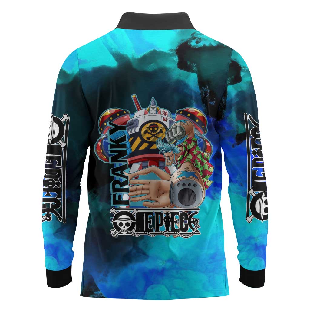 Franky One Piece Blue Theme Long Sleeve Polo Shirt with Cyborg Design and Shipwright Pose - The Mazicc