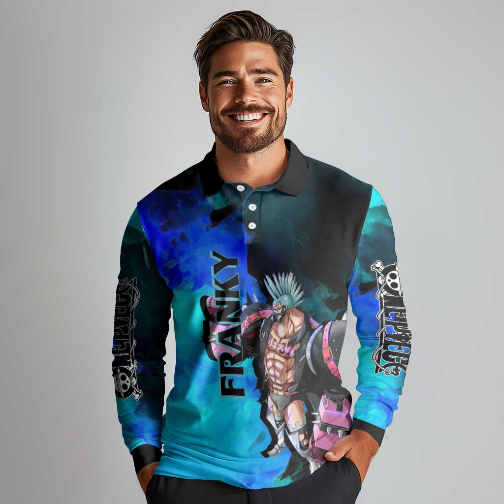 Franky One Piece Blue Theme Long Sleeve Polo Shirt with Cyborg Design and Shipwright Pose - The Mazicc
