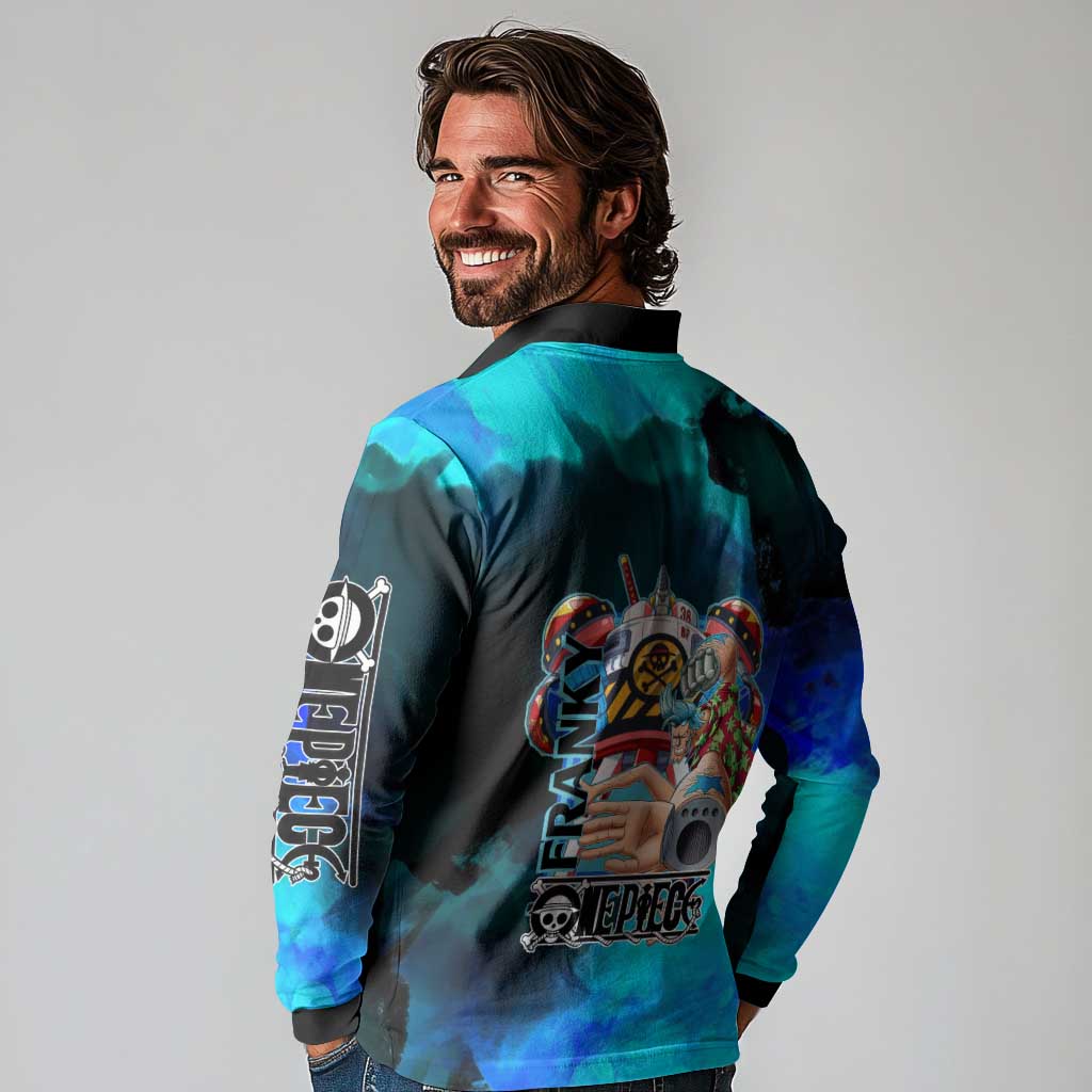 Franky One Piece Blue Theme Long Sleeve Polo Shirt with Cyborg Design and Shipwright Pose - The Mazicc