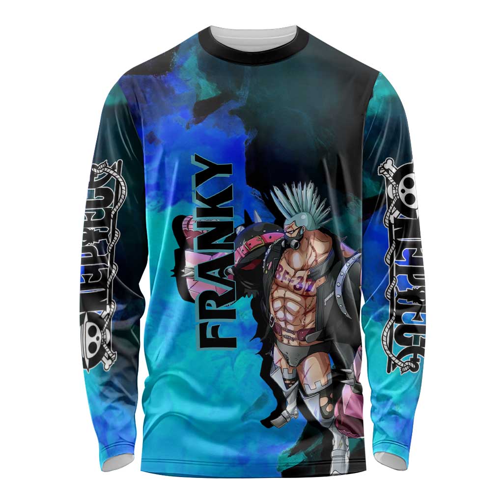 Franky One Piece Blue Theme Long Sleeve Shirt with Cyborg Design and Shipwright Pose - The Mazicc