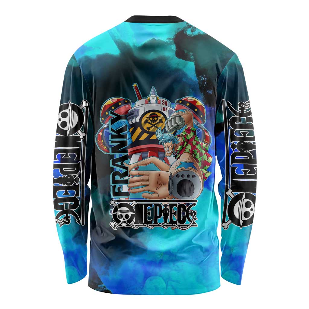 Franky One Piece Blue Theme Long Sleeve Shirt with Cyborg Design and Shipwright Pose - The Mazicc