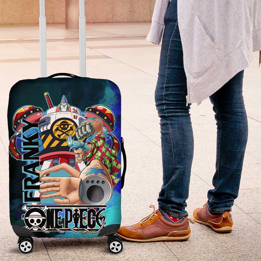 Franky One Piece Blue Theme Luggage Cover with Cyborg Design and Shipwright Pose - The Mazicc