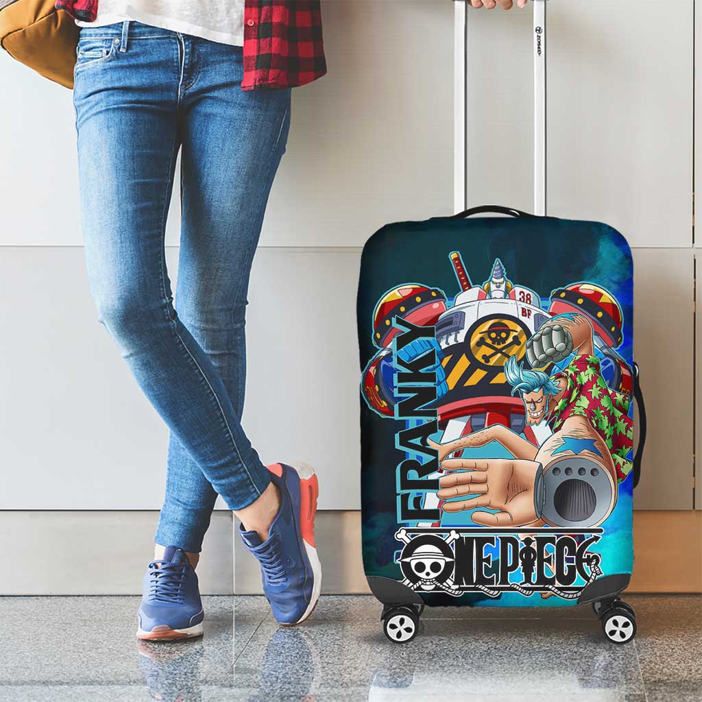 Franky One Piece Blue Theme Luggage Cover with Cyborg Design and Shipwright Pose - The Mazicc
