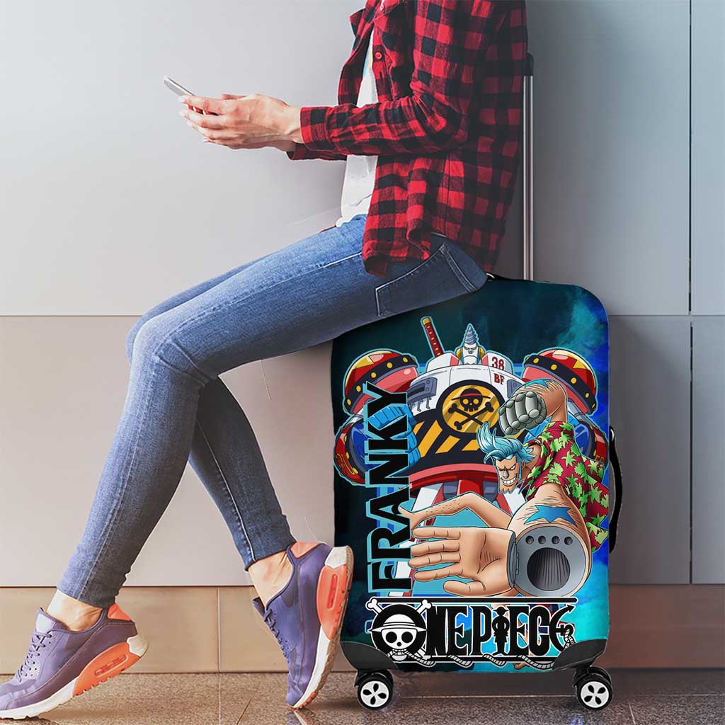 Franky One Piece Blue Theme Luggage Cover with Cyborg Design and Shipwright Pose - The Mazicc