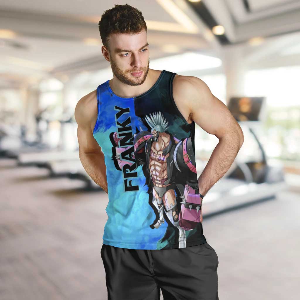 Franky One Piece Blue Theme Men Tank Top with Cyborg Design and Shipwright Pose - The Mazicc
