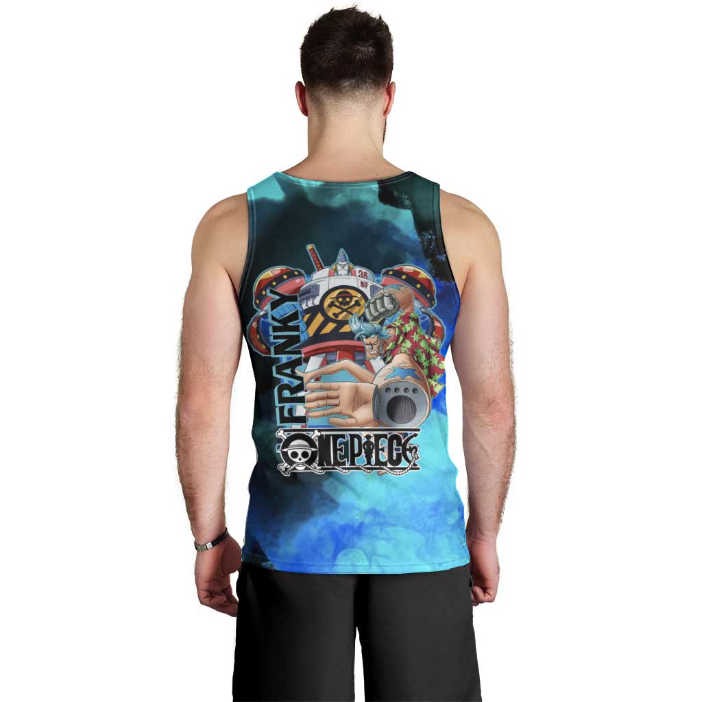 Franky One Piece Blue Theme Men Tank Top with Cyborg Design and Shipwright Pose - The Mazicc