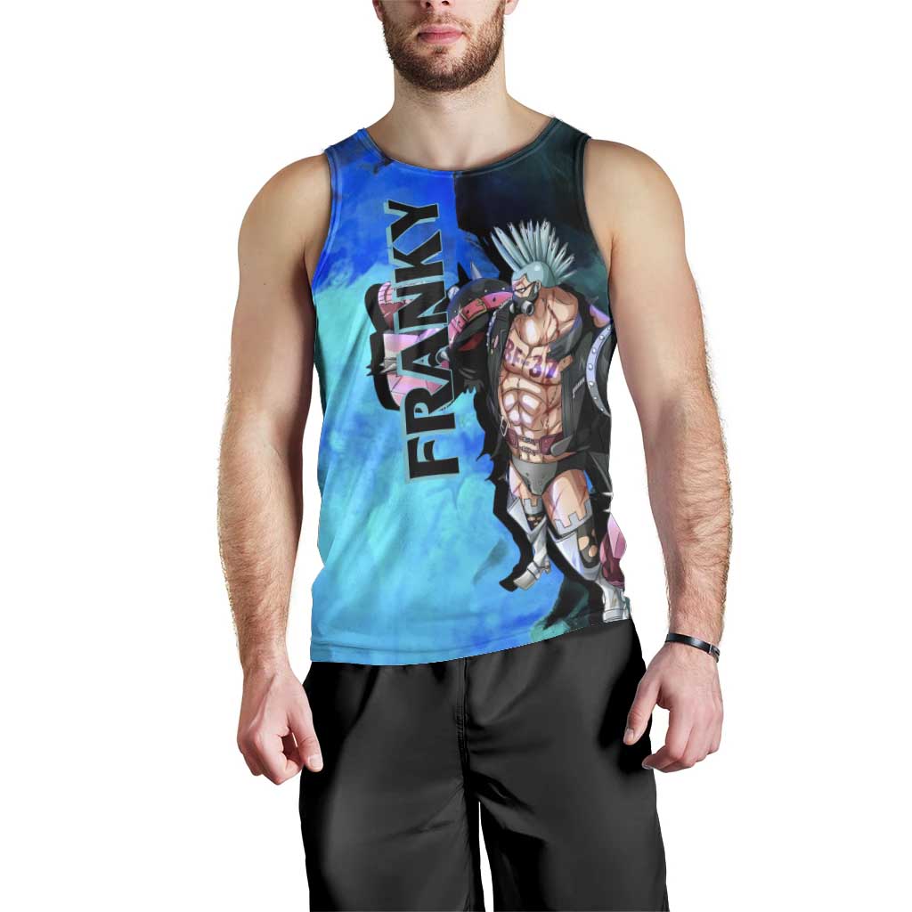 Franky One Piece Blue Theme Men Tank Top with Cyborg Design and Shipwright Pose - The Mazicc