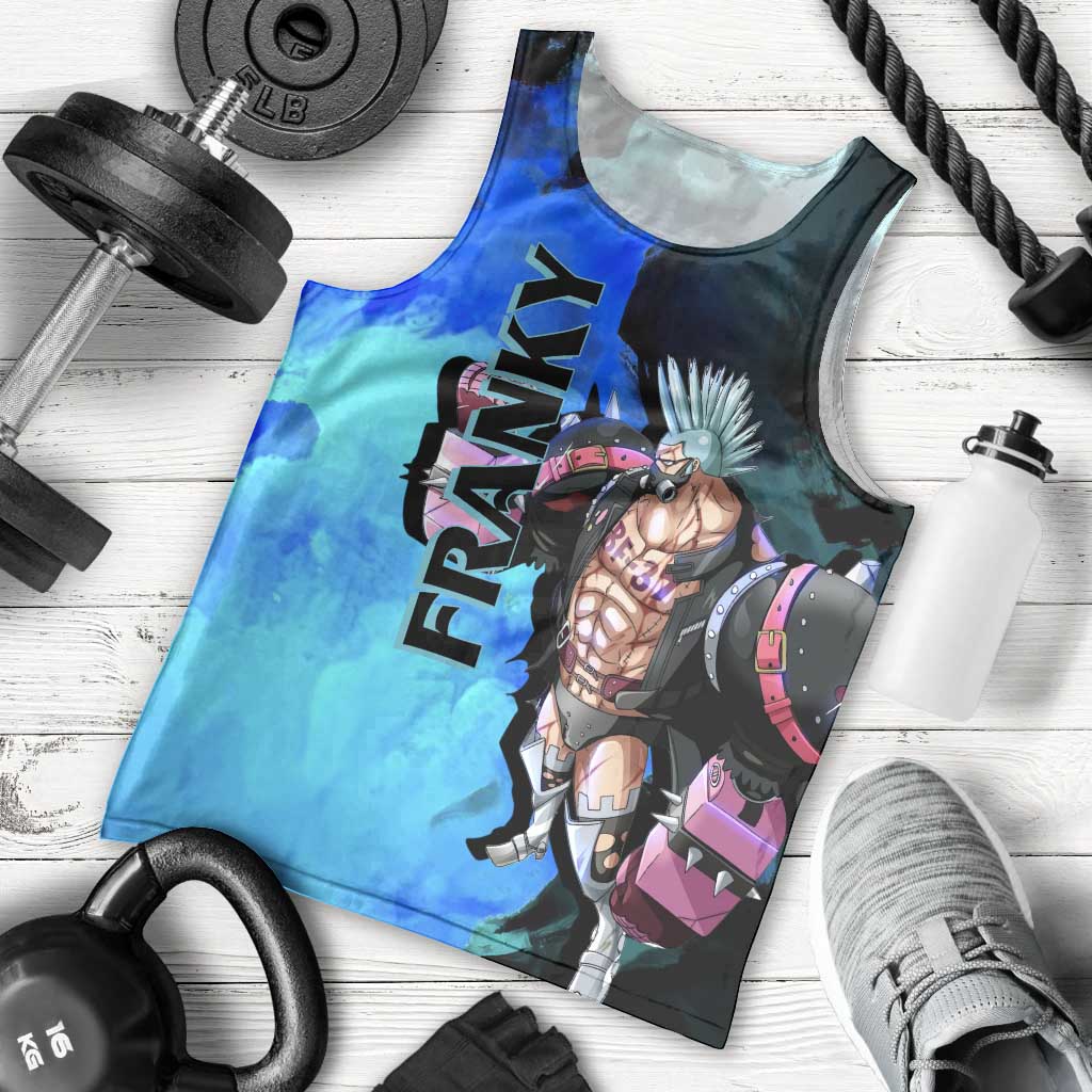 Franky One Piece Blue Theme Men Tank Top with Cyborg Design and Shipwright Pose - The Mazicc