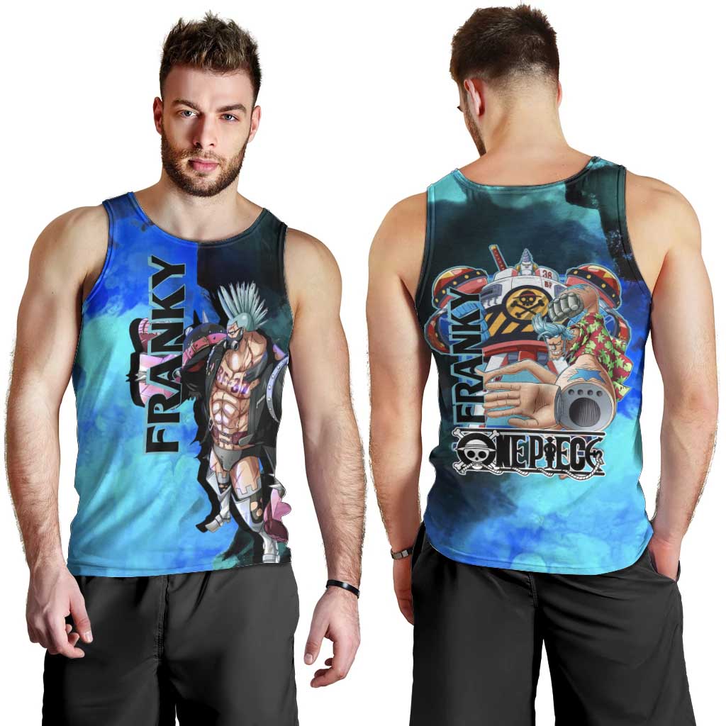 Franky One Piece Blue Theme Men Tank Top with Cyborg Design and Shipwright Pose - The Mazicc