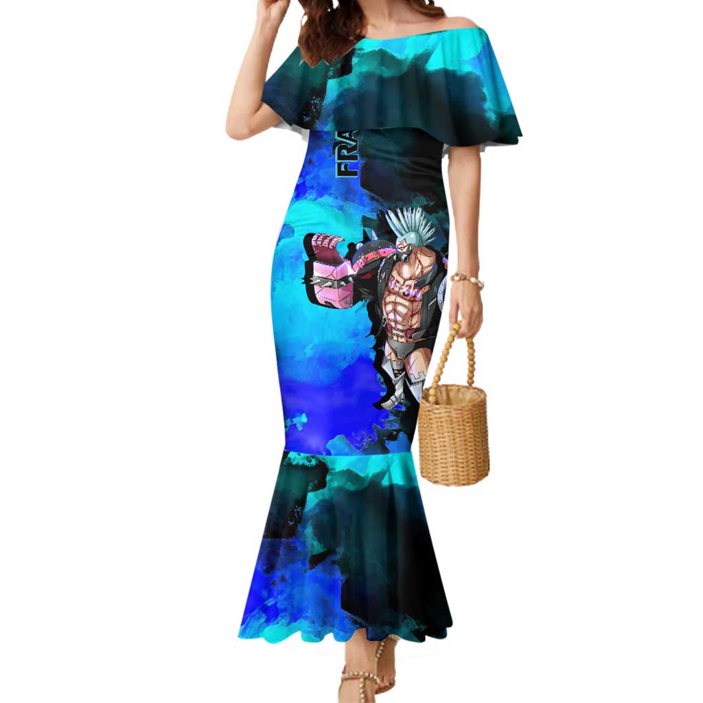 Franky One Piece Blue Theme Mermaid Dress with Cyborg Design and Shipwright Pose - The Mazicc
