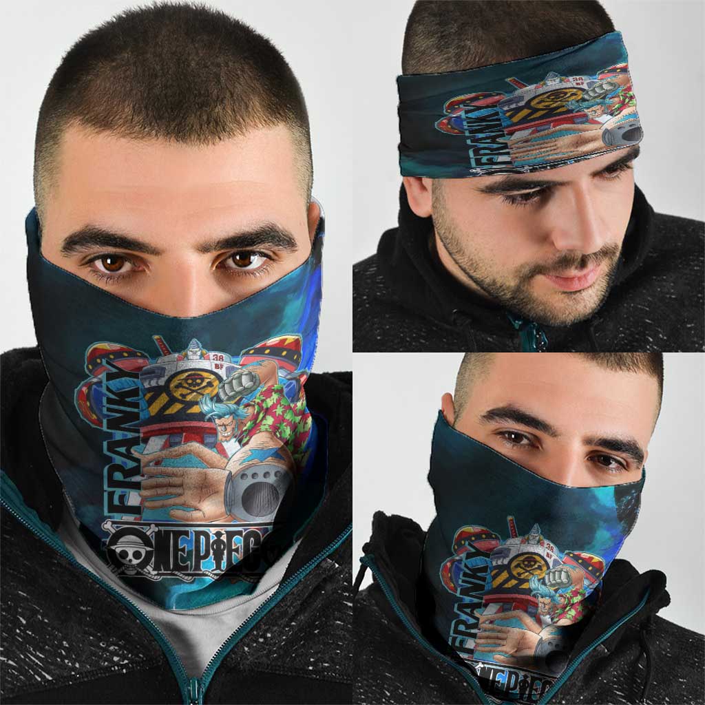 Franky One Piece Blue Theme Neck Gaiter with Cyborg Design and Shipwright Pose - The Mazicc