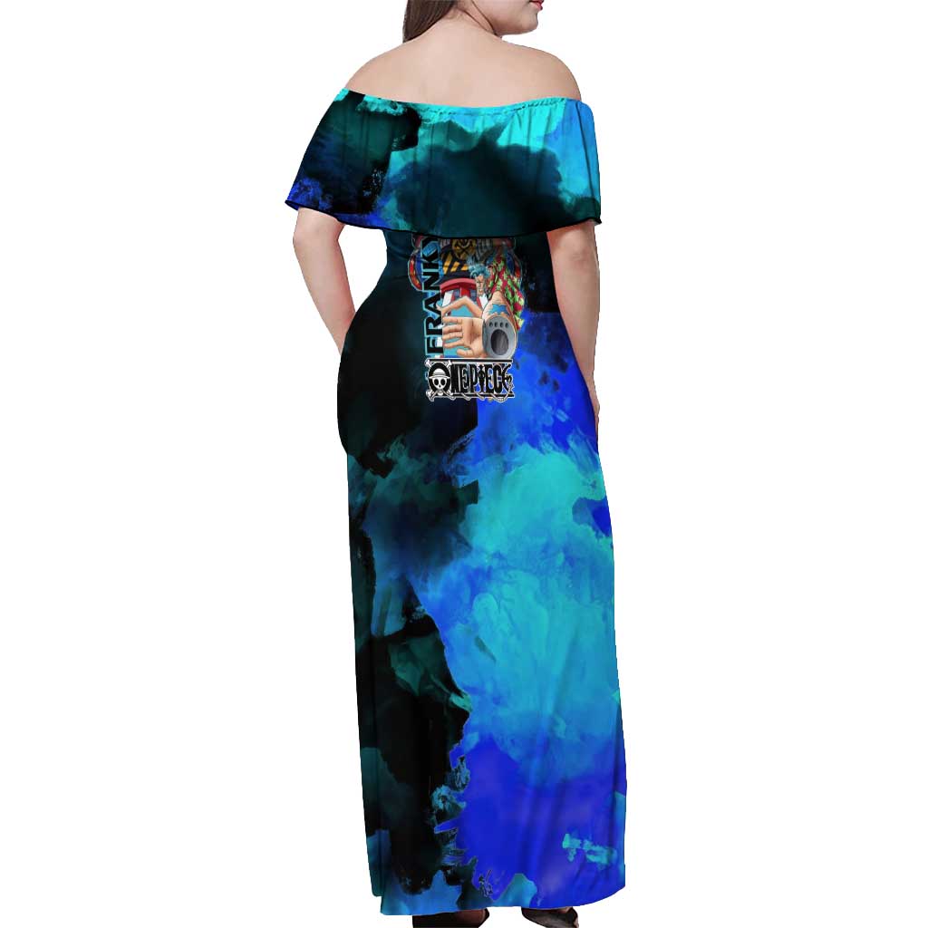 Franky One Piece Blue Theme Off Shoulder Maxi Dress with Cyborg Design and Shipwright Pose - The Mazicc