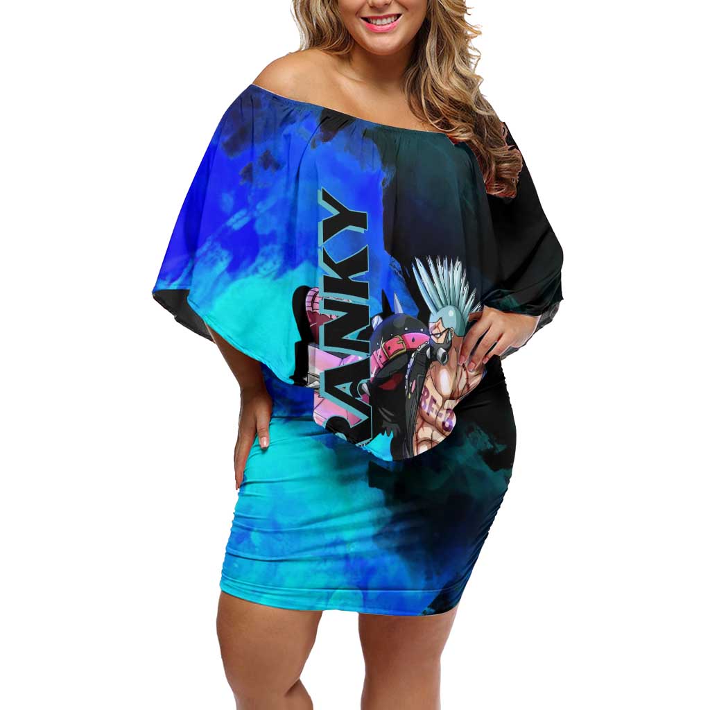 Franky One Piece Blue Theme Off Shoulder Short Dress with Cyborg Design and Shipwright Pose - The Mazicc