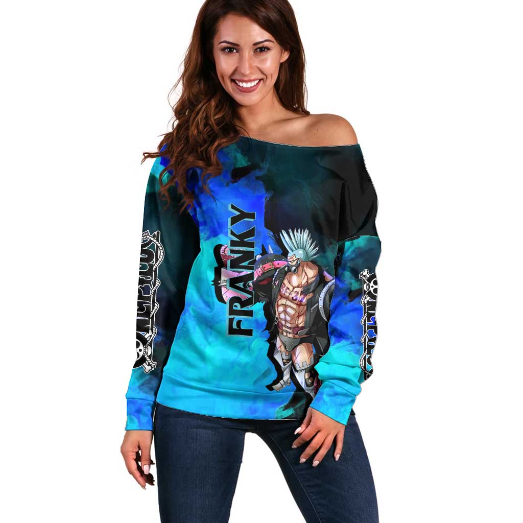 Franky One Piece Blue Theme Off Shoulder Sweater with Cyborg Design and Shipwright Pose - The Mazicc