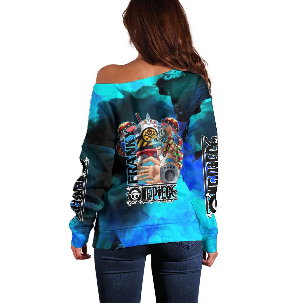 Franky One Piece Blue Theme Off Shoulder Sweater with Cyborg Design and Shipwright Pose - The Mazicc