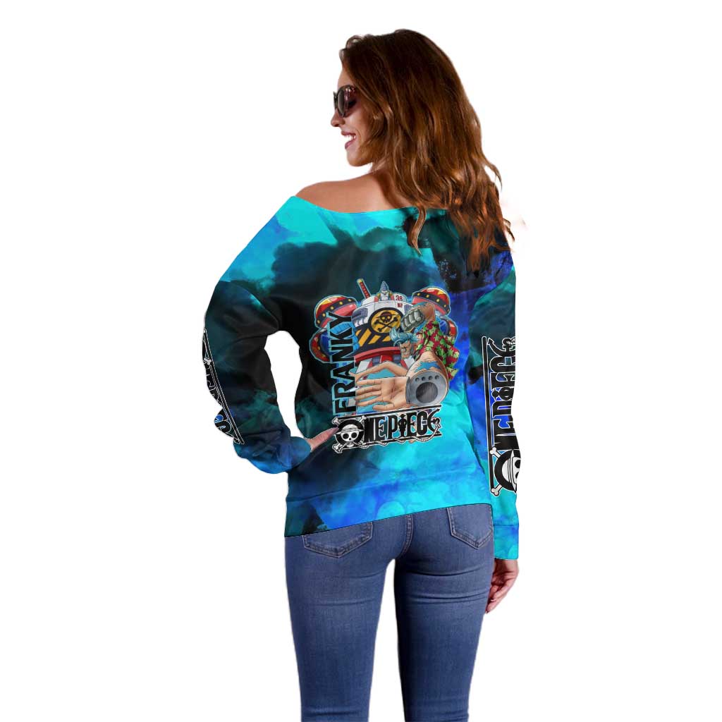 Franky One Piece Blue Theme Off Shoulder Sweater with Cyborg Design and Shipwright Pose - The Mazicc