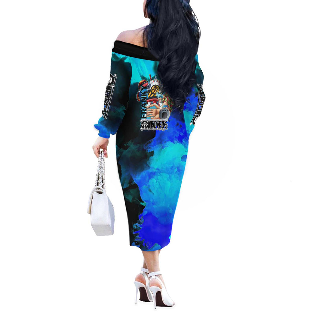 Franky One Piece Blue Theme Off The Shoulder Long Sleeve Dress with Cyborg Design and Shipwright Pose - The Mazicc