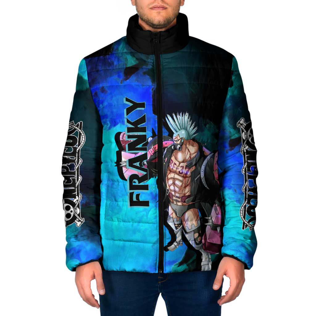 Franky One Piece Blue Theme Padded Jacket with Cyborg Design and Shipwright Pose - The Mazicc