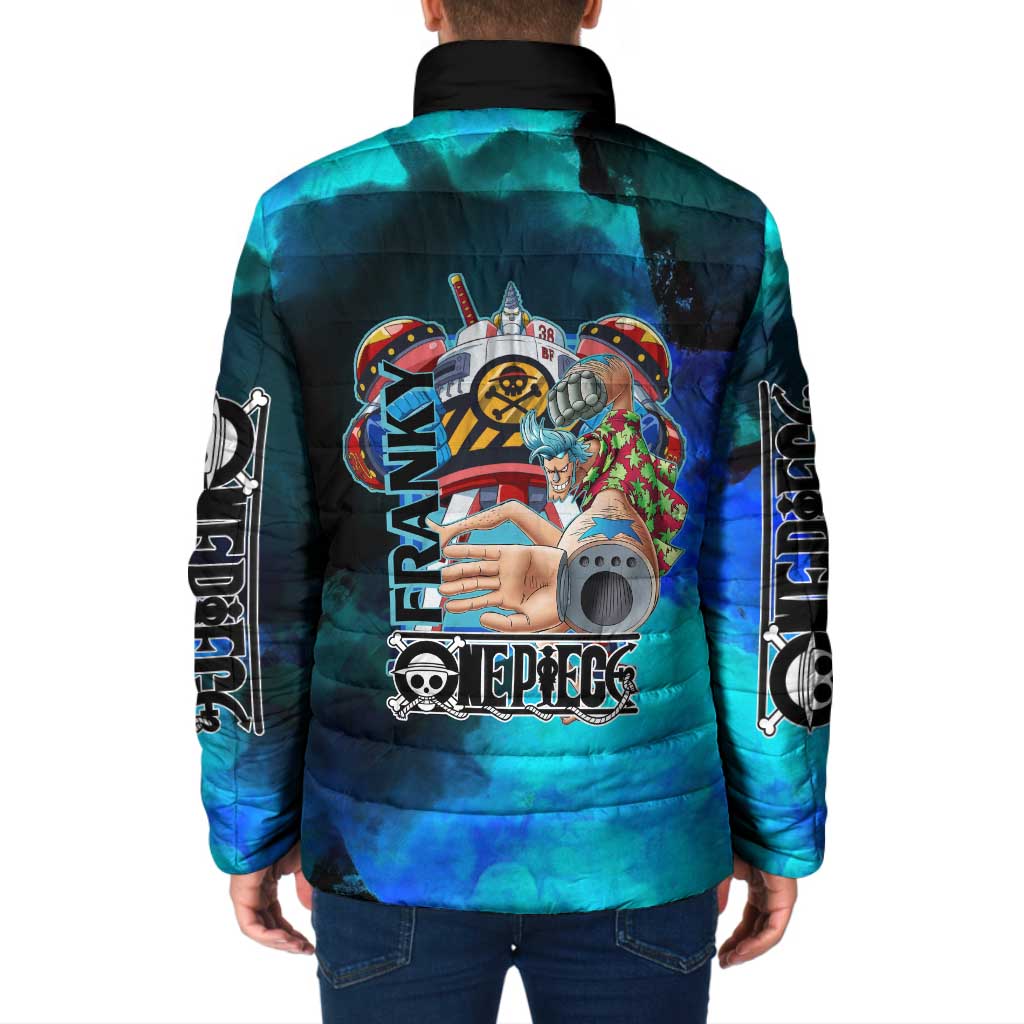 Franky One Piece Blue Theme Padded Jacket with Cyborg Design and Shipwright Pose - The Mazicc