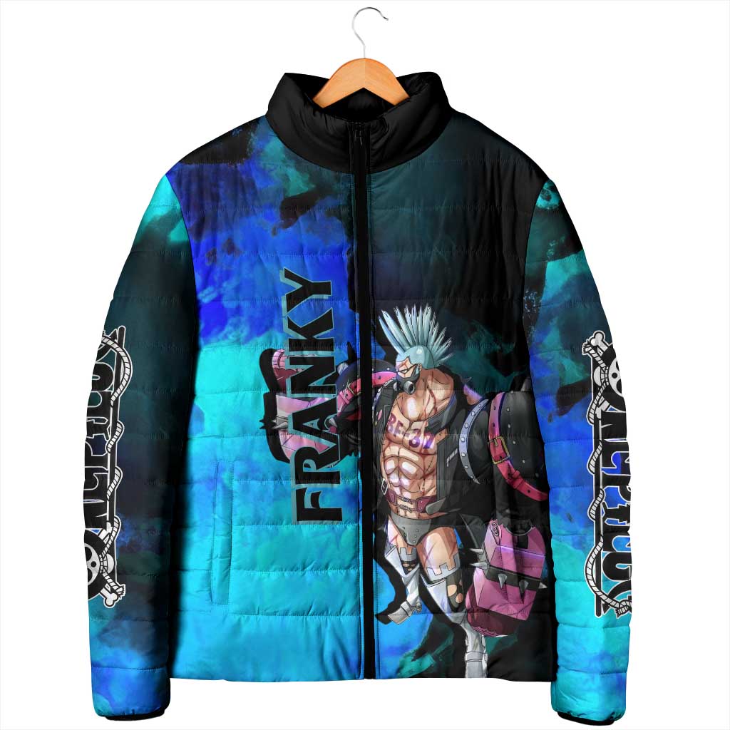 Franky One Piece Blue Theme Padded Jacket with Cyborg Design and Shipwright Pose - The Mazicc