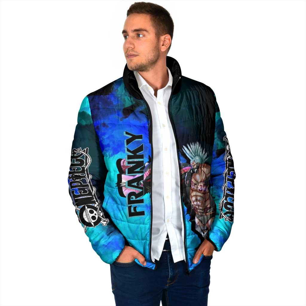 Franky One Piece Blue Theme Padded Jacket with Cyborg Design and Shipwright Pose - The Mazicc