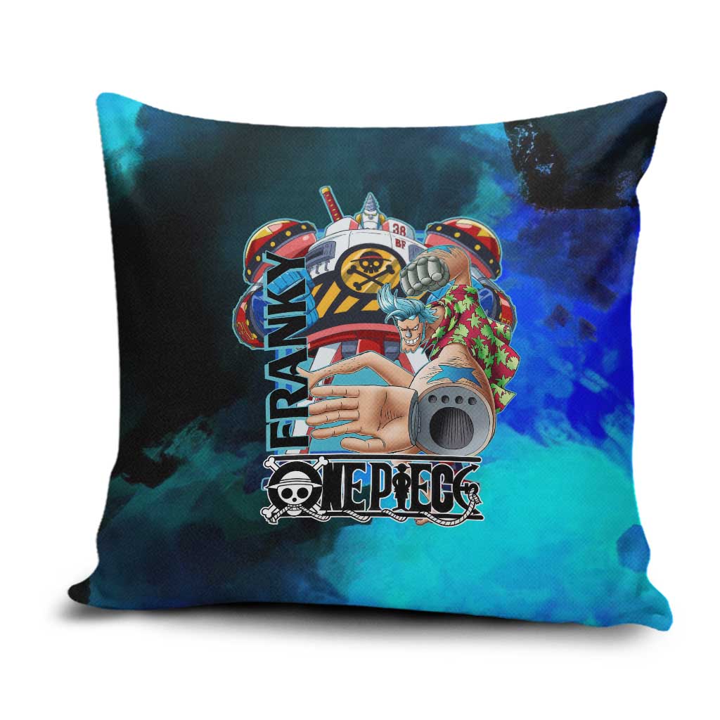 Franky One Piece Blue Theme Pillow Cover with Cyborg Design and Shipwright Pose - The Mazicc