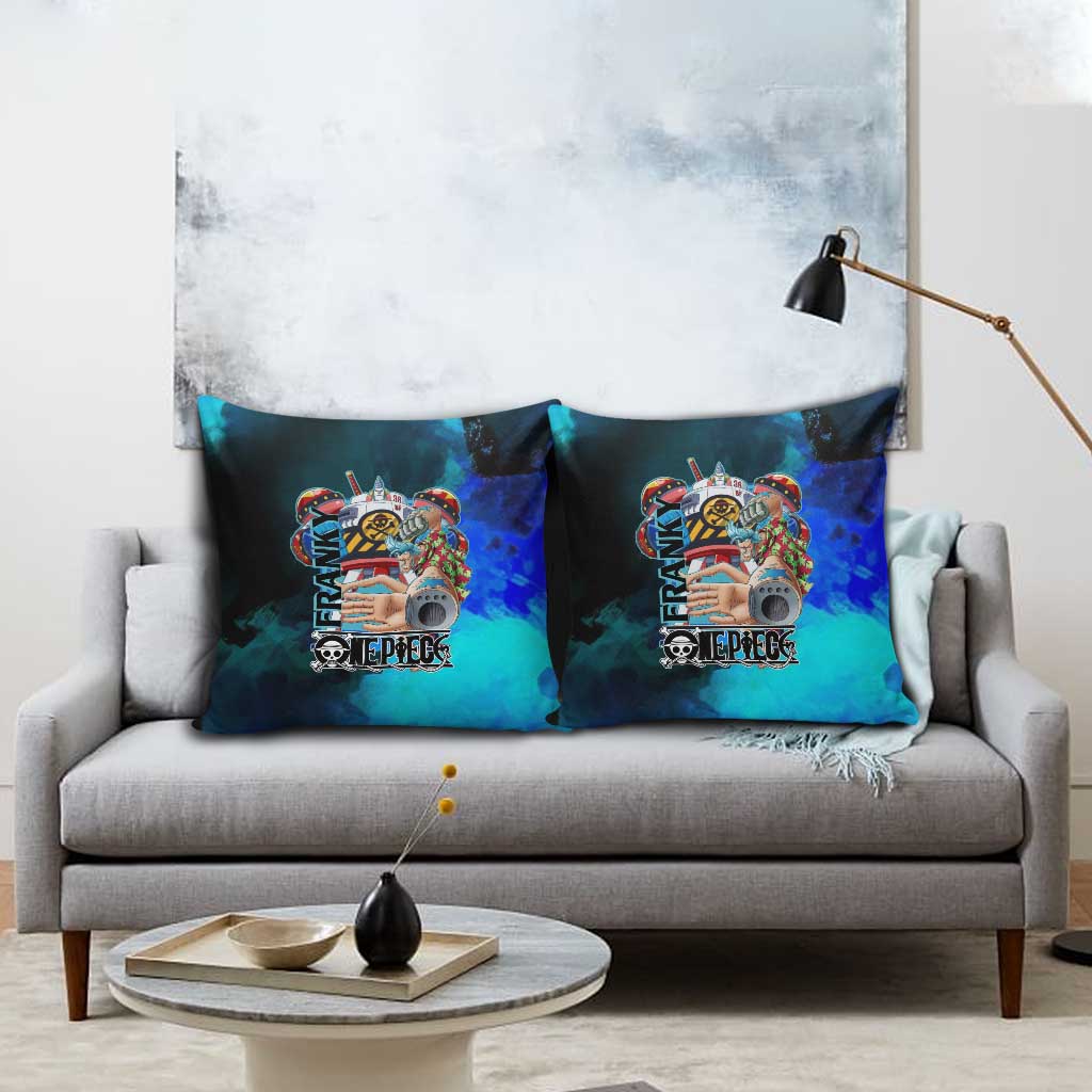 Franky One Piece Blue Theme Pillow Cover with Cyborg Design and Shipwright Pose - The Mazicc