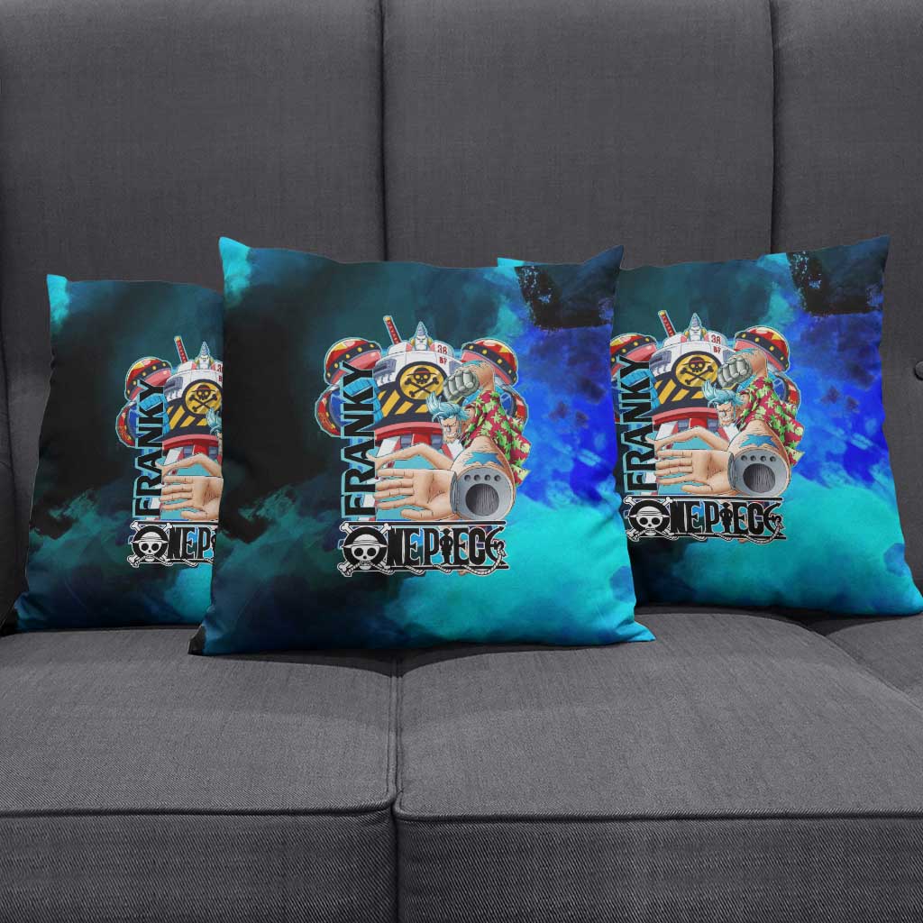 Franky One Piece Blue Theme Pillow Cover with Cyborg Design and Shipwright Pose - The Mazicc