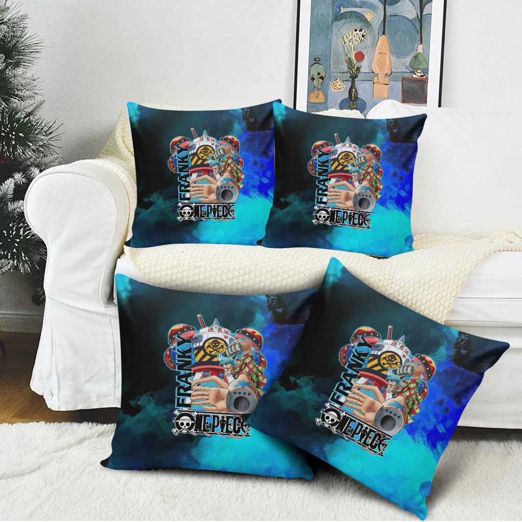 Franky One Piece Blue Theme Pillow Cover with Cyborg Design and Shipwright Pose - The Mazicc