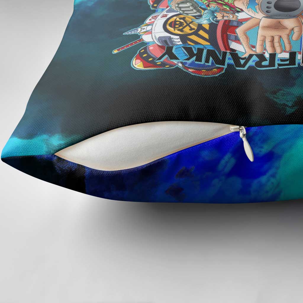 Franky One Piece Blue Theme Pillow Cover with Cyborg Design and Shipwright Pose - The Mazicc
