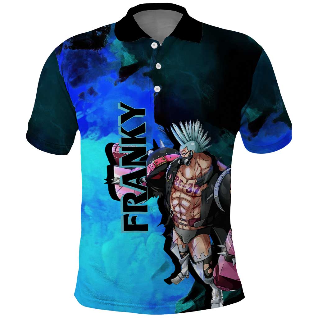 Franky One Piece Blue Theme Polo Shirt with Cyborg Design and Shipwright Pose - The Mazicc