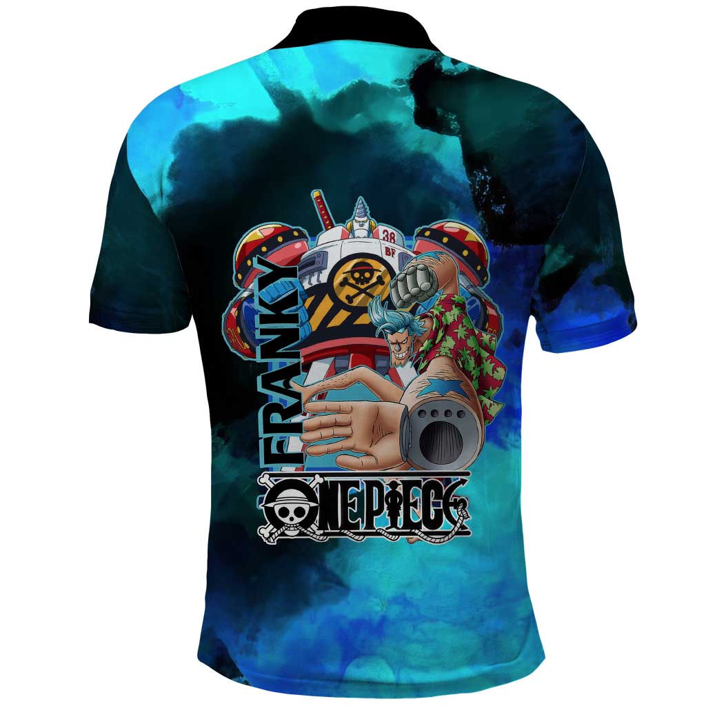 Franky One Piece Blue Theme Polo Shirt with Cyborg Design and Shipwright Pose - The Mazicc