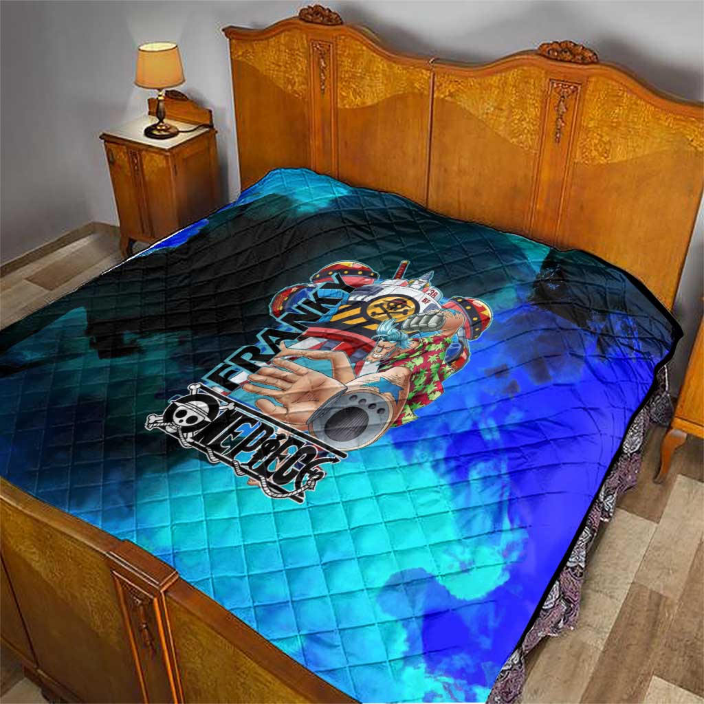 Franky One Piece Blue Theme Quilt with Cyborg Design and Shipwright Pose - The Mazicc