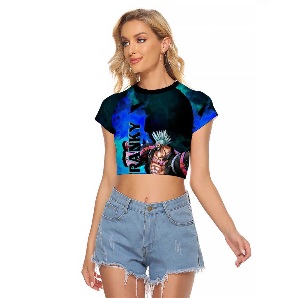 Franky One Piece Blue Theme Raglan Cropped T Shirt with Cyborg Design and Shipwright Pose - The Mazicc