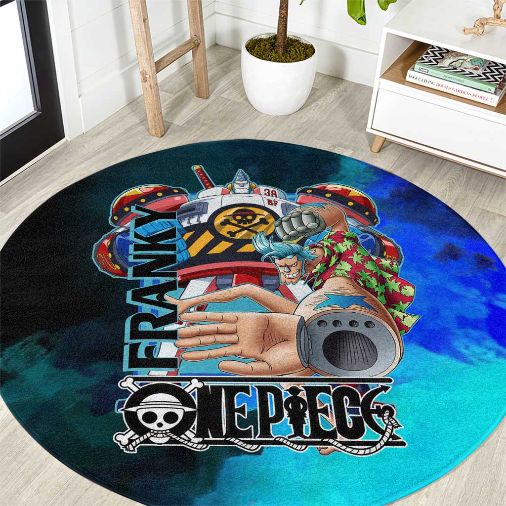 Franky One Piece Blue Theme Round Carpet with Cyborg Design and Shipwright Pose - The Mazicc