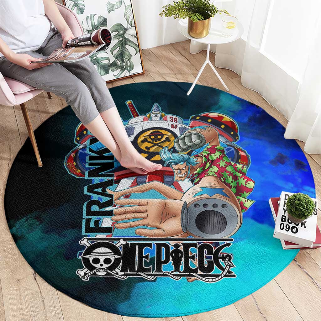 Franky One Piece Blue Theme Round Carpet with Cyborg Design and Shipwright Pose - The Mazicc