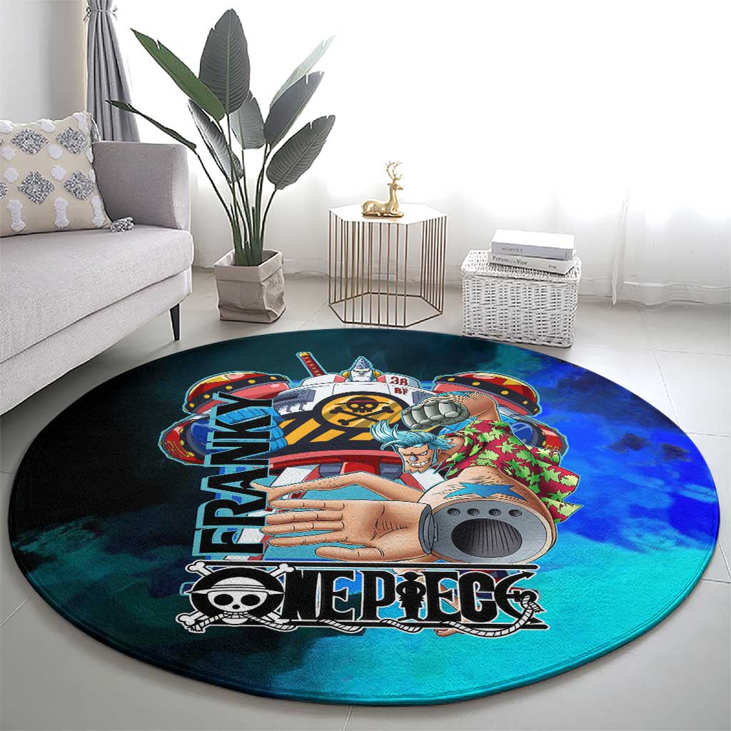 Franky One Piece Blue Theme Round Carpet with Cyborg Design and Shipwright Pose - The Mazicc