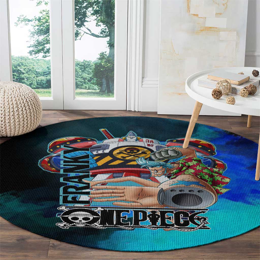 Franky One Piece Blue Theme Round Carpet with Cyborg Design and Shipwright Pose - The Mazicc