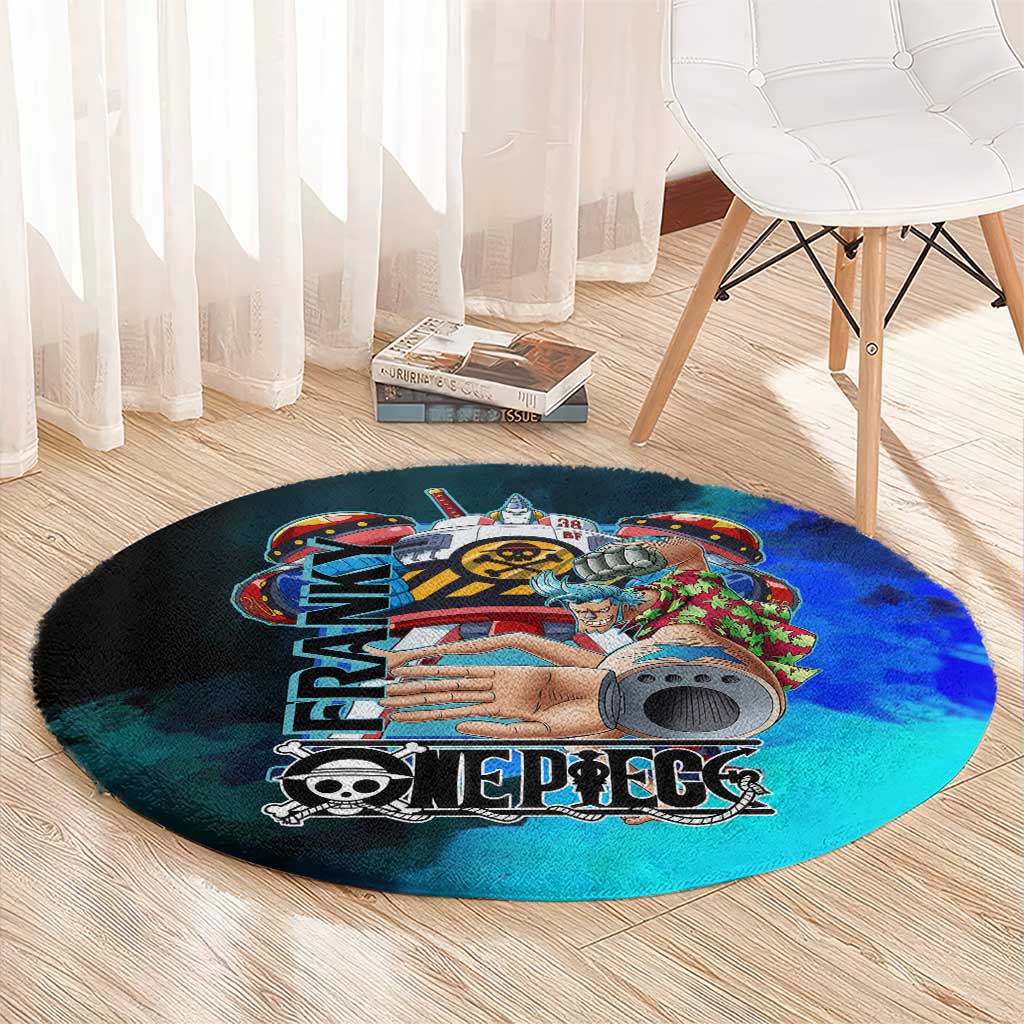 Franky One Piece Blue Theme Round Carpet with Cyborg Design and Shipwright Pose - The Mazicc