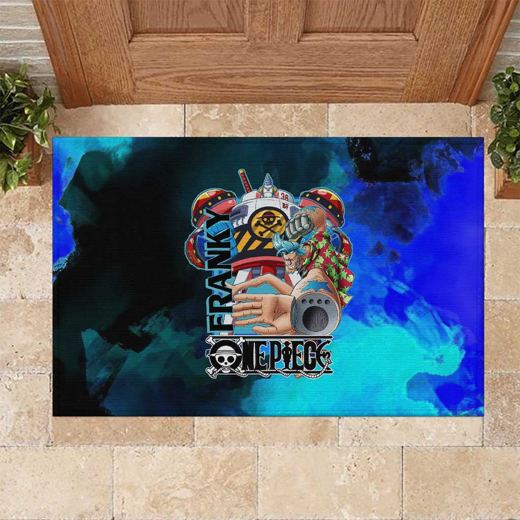 Franky One Piece Blue Theme Rubber Doormat with Cyborg Design and Shipwright Pose - The Mazicc