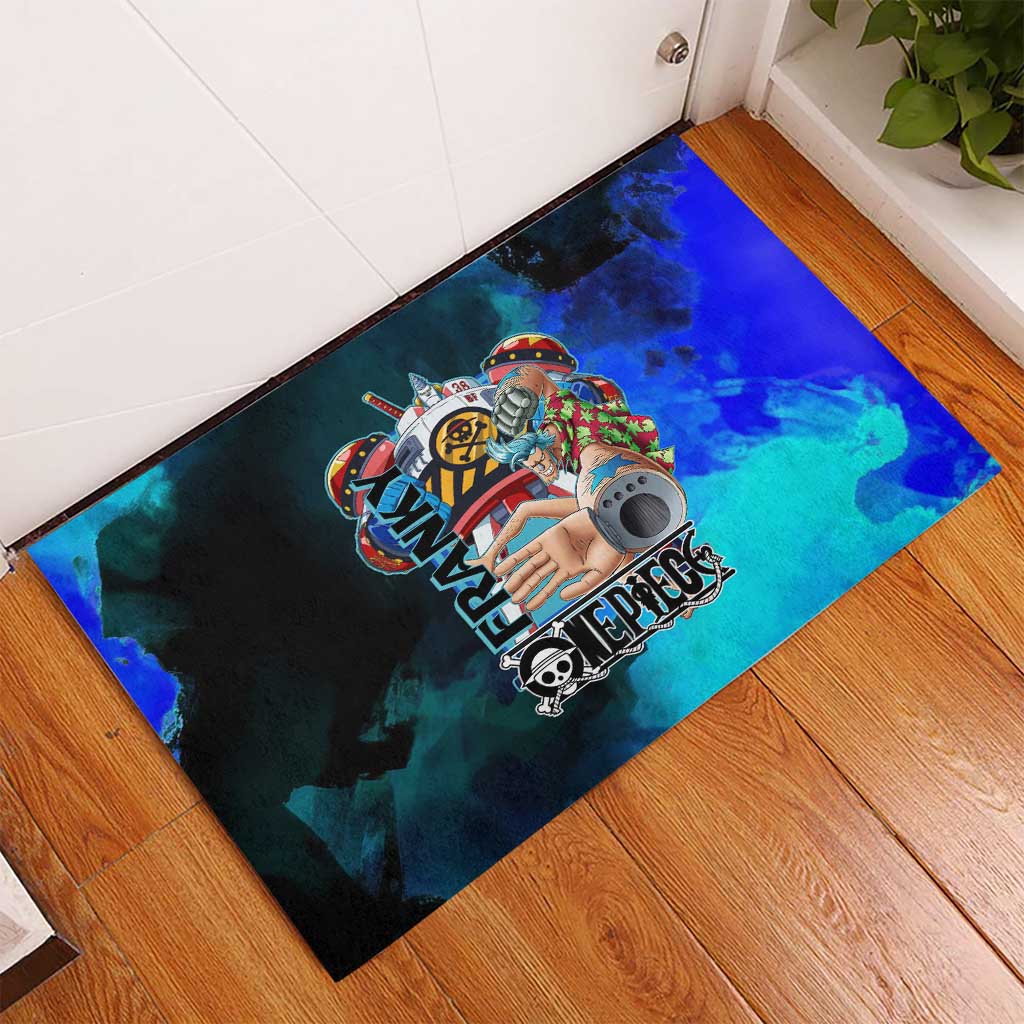 Franky One Piece Blue Theme Rubber Doormat with Cyborg Design and Shipwright Pose - The Mazicc