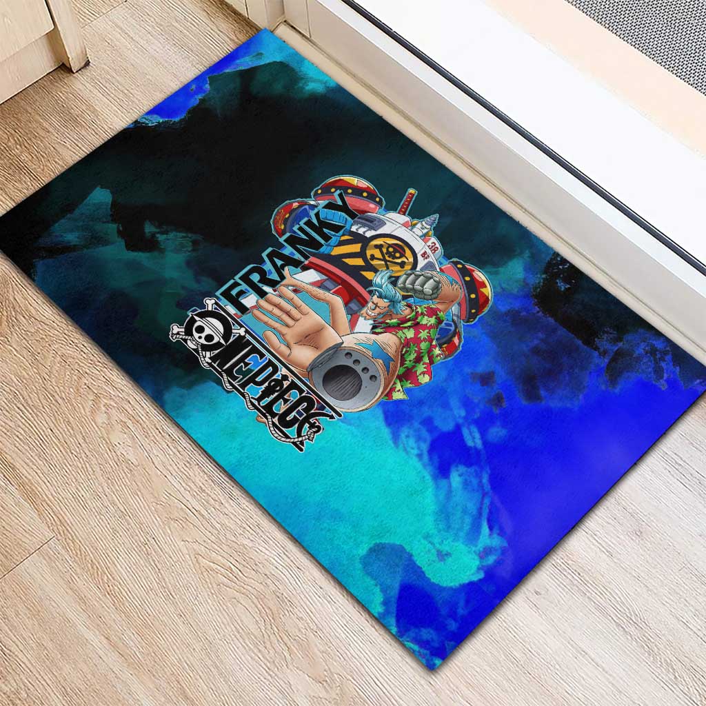 Franky One Piece Blue Theme Rubber Doormat with Cyborg Design and Shipwright Pose - The Mazicc