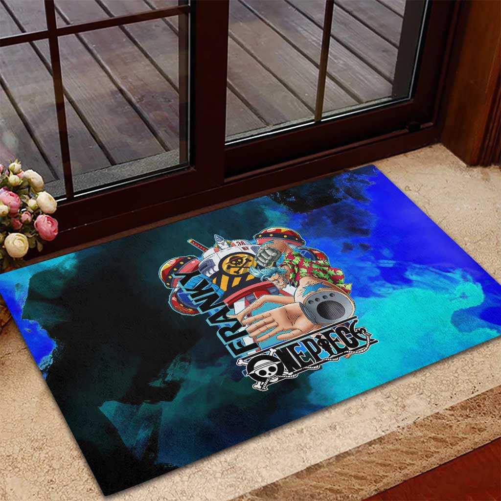 Franky One Piece Blue Theme Rubber Doormat with Cyborg Design and Shipwright Pose - The Mazicc