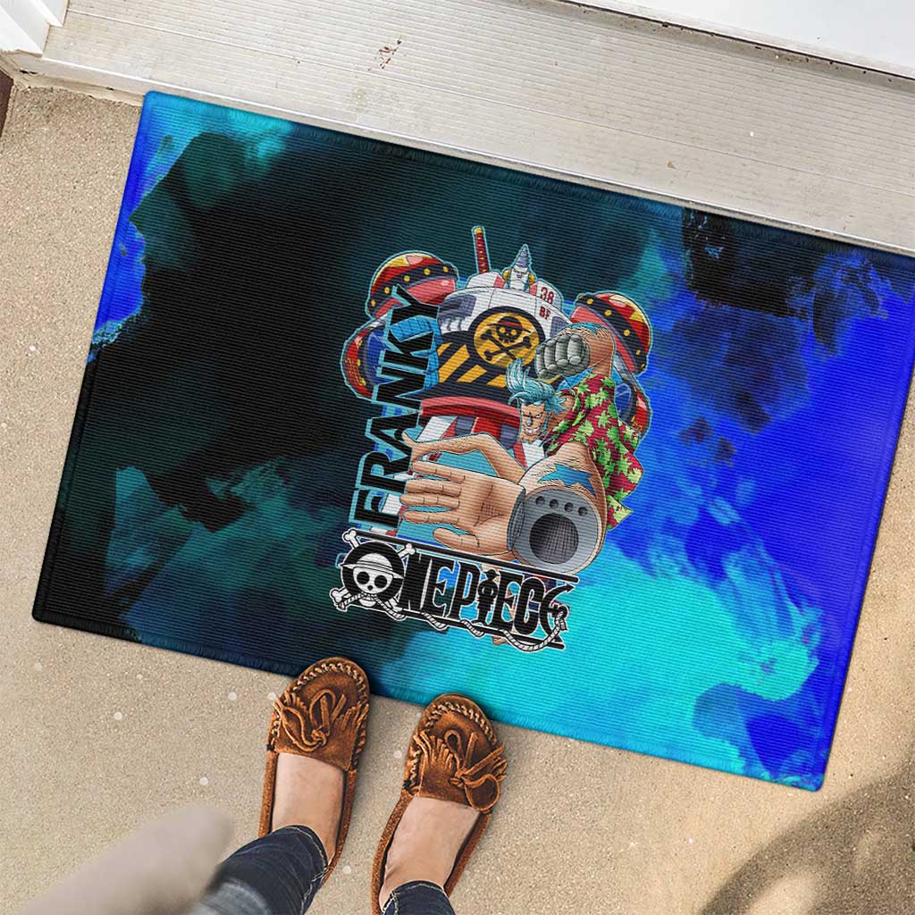 Franky One Piece Blue Theme Rubber Doormat with Cyborg Design and Shipwright Pose - The Mazicc