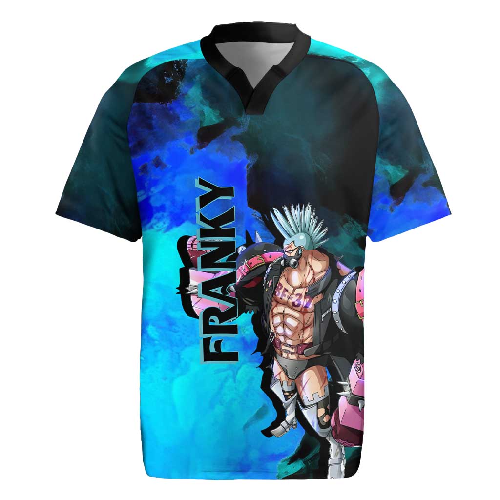 Franky One Piece Blue Theme Rugby Jersey with Cyborg Design and Shipwright Pose - The Mazicc