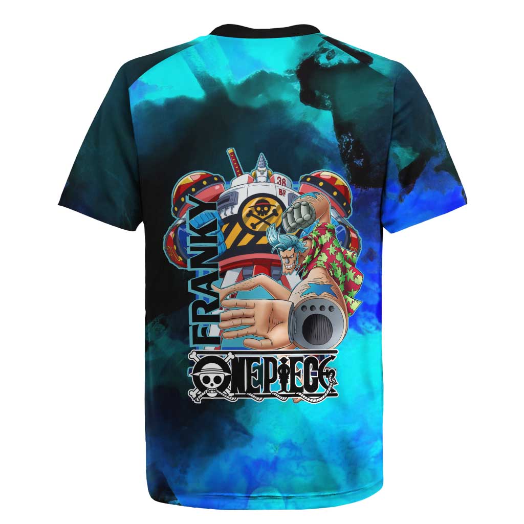 Franky One Piece Blue Theme Rugby Jersey with Cyborg Design and Shipwright Pose - The Mazicc