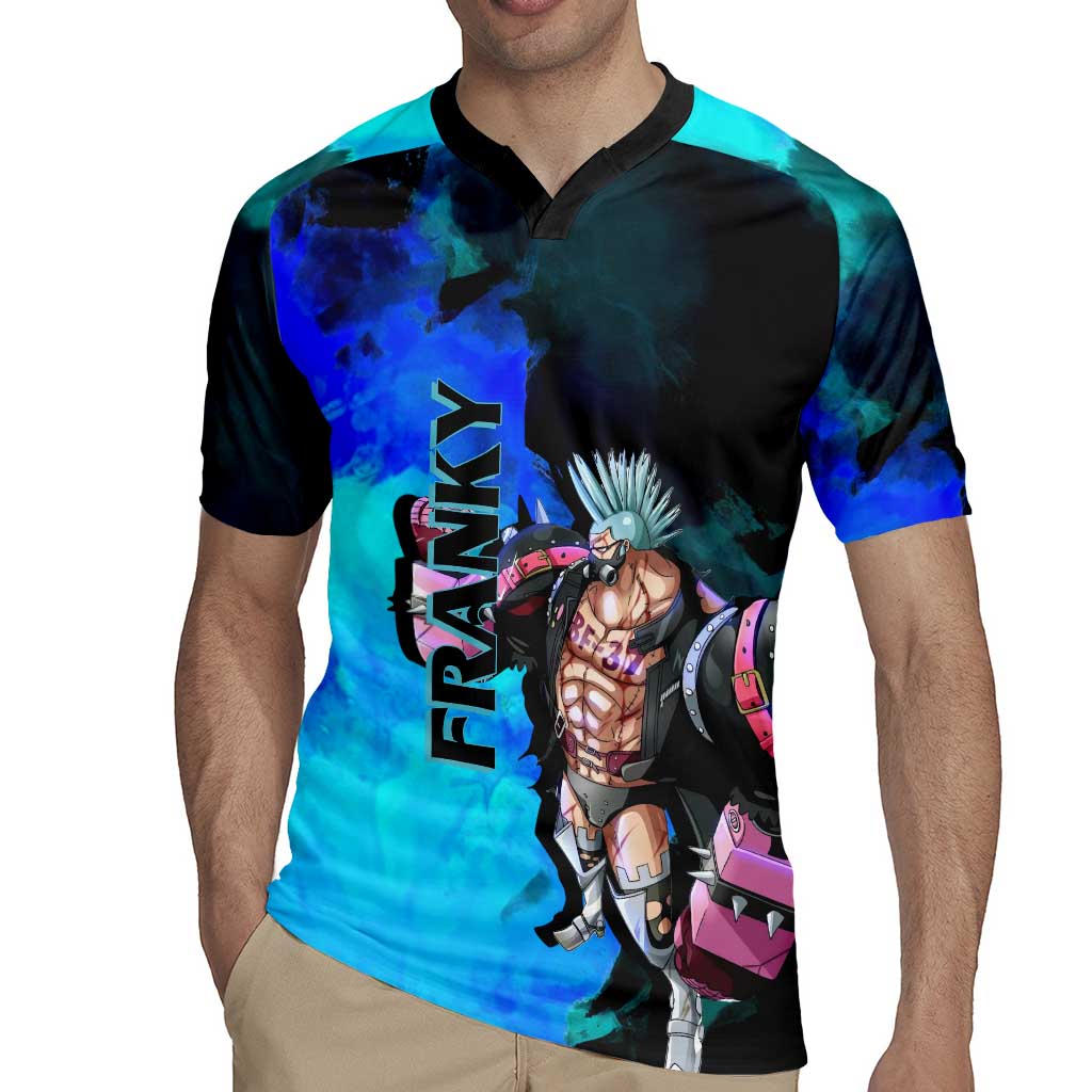 Franky One Piece Blue Theme Rugby Jersey with Cyborg Design and Shipwright Pose - The Mazicc