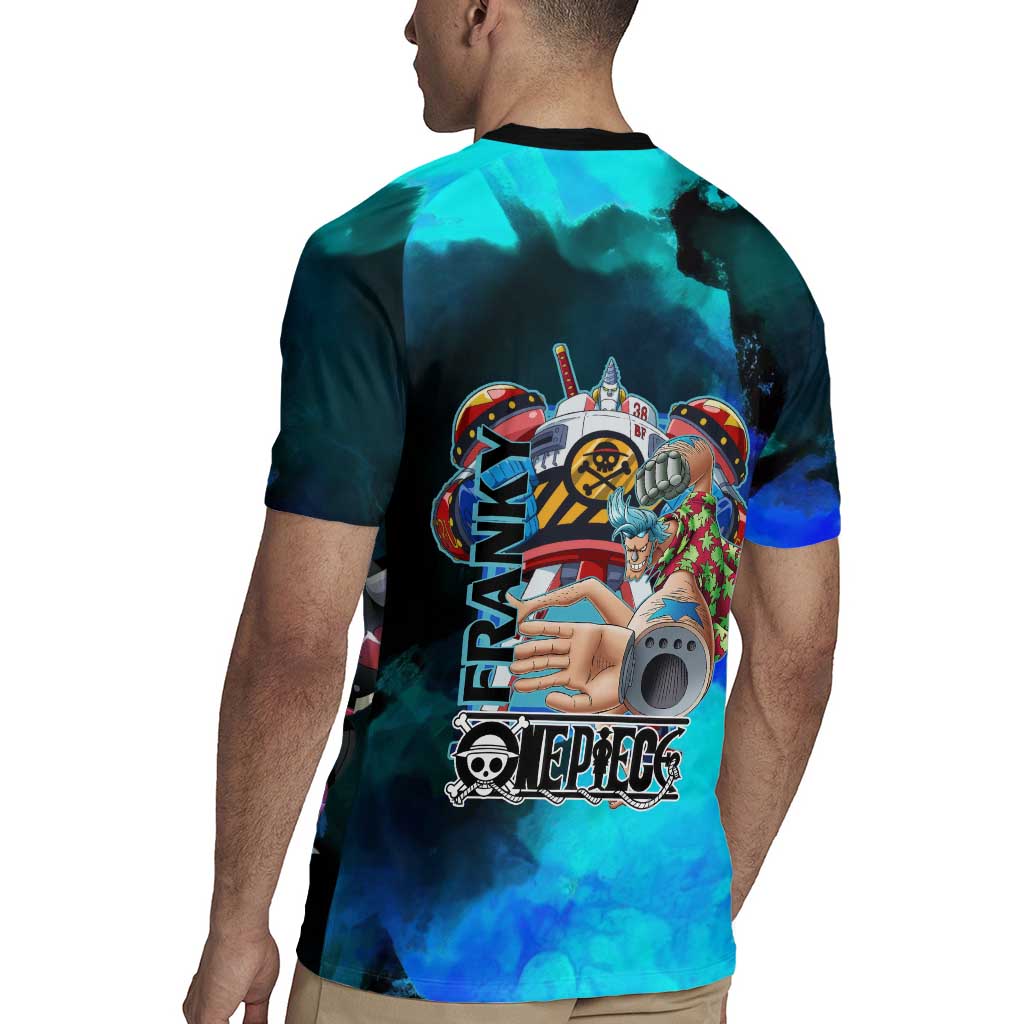 Franky One Piece Blue Theme Rugby Jersey with Cyborg Design and Shipwright Pose - The Mazicc