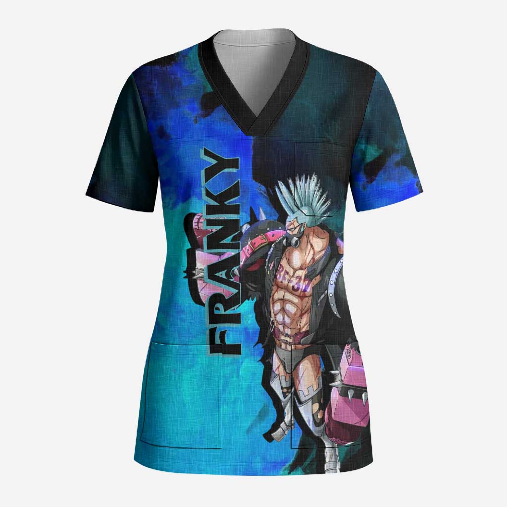 Franky One Piece Blue Theme Scrub Top with Cyborg Design and Shipwright Pose - The Mazicc