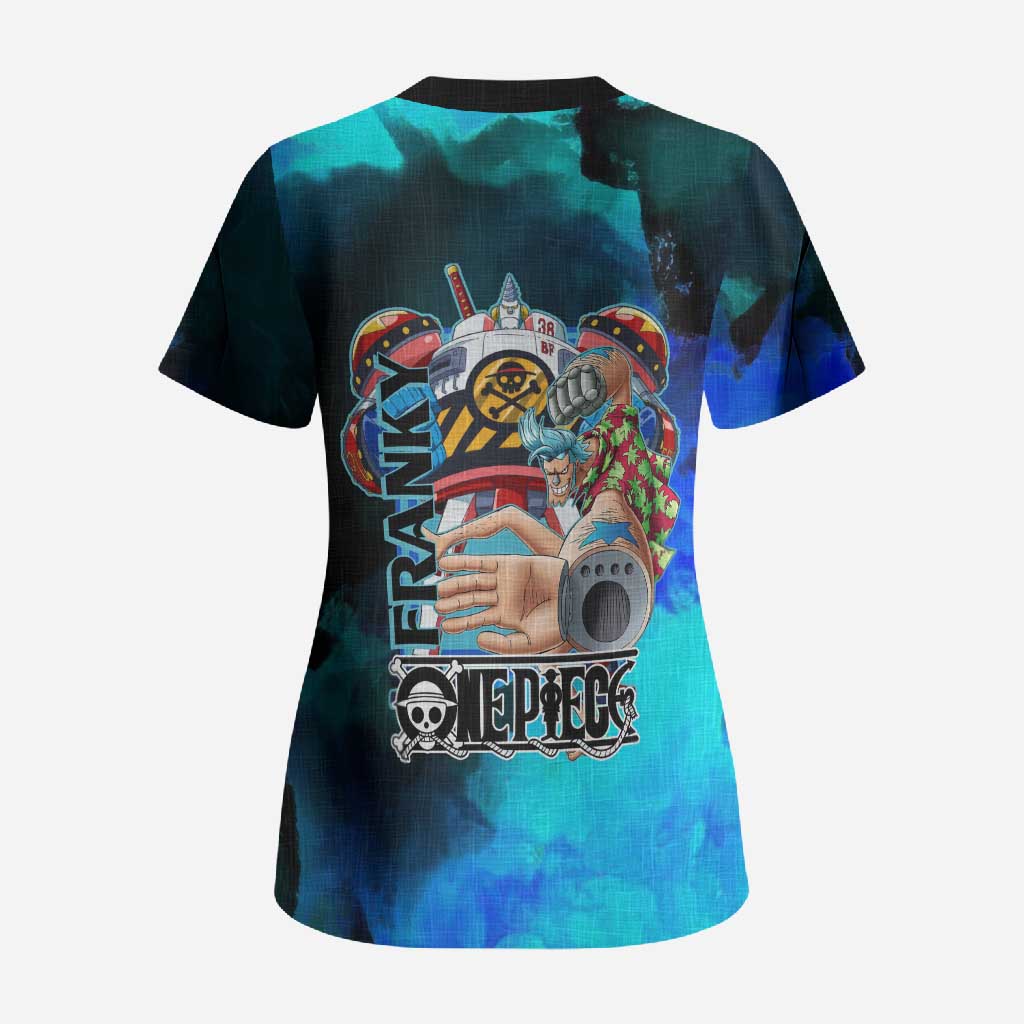 Franky One Piece Blue Theme Scrub Top with Cyborg Design and Shipwright Pose - The Mazicc